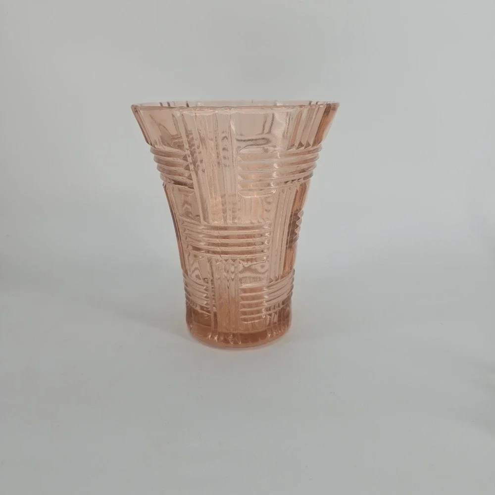 Vintage Pink Depression Glass Vase Art Deco Geometric Prismatic 7 Inch Blush
